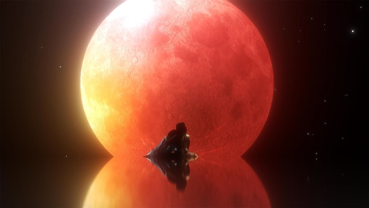 A lone figure on a reflective plain under a giant red moon