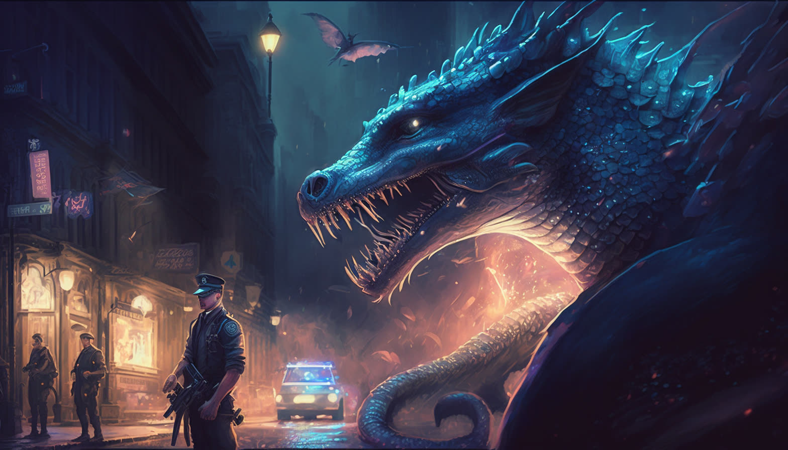 A dragon looming over a police officer on a city street at night